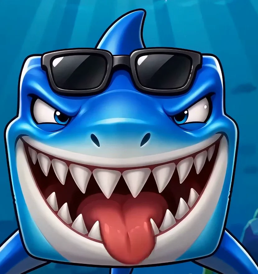 The shark from Jaws of Fortune, grinning